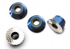 (TRX 1747R) Nuts, aluminum, flanged, serrated (4mm) (blue-anodized) (4)